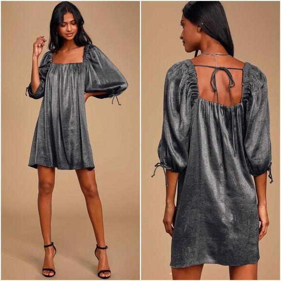 Free People Mara Dark Grey Metallic Puff Sleeve Shift Dress Oversized Size Large - Picture 1 of 10
